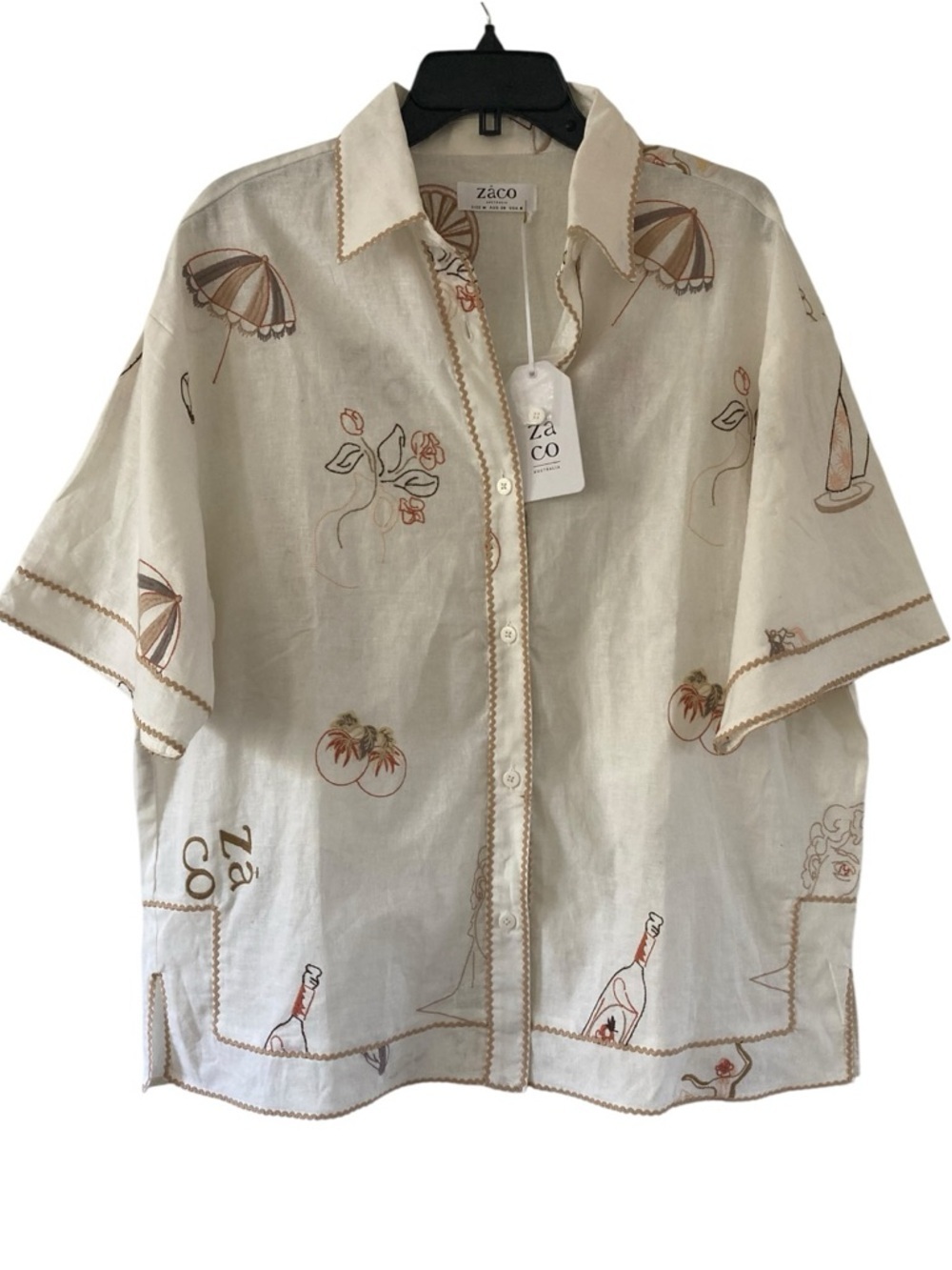 ZaCo Australia Shoreline Embroidered Linen Resort Shirt Ivory NWT Coastal Chic - Picture 3 of 10